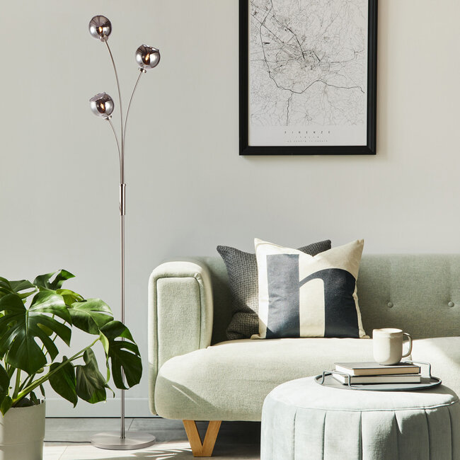 Nowoczesna lampa podłogowa z przydymionym szkłem, 3 światła - Campbell
