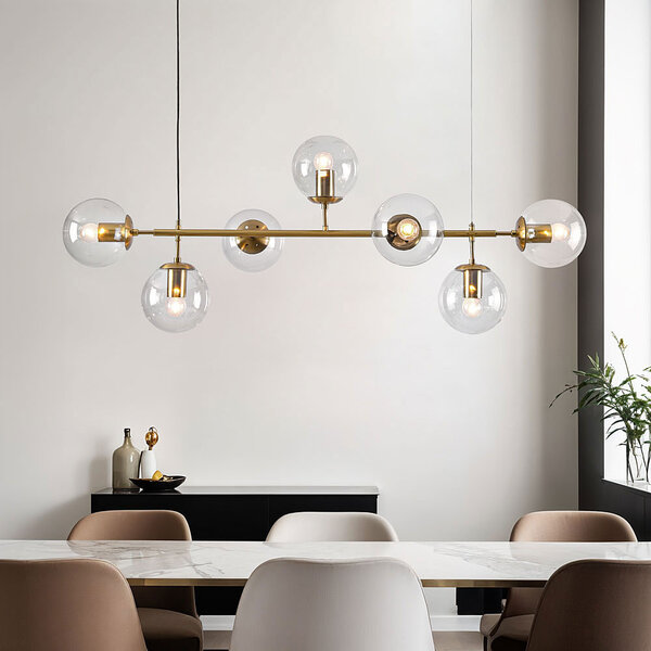 Design lampa wisząca Hepta złota z przezroczystymi szklanymi kulami