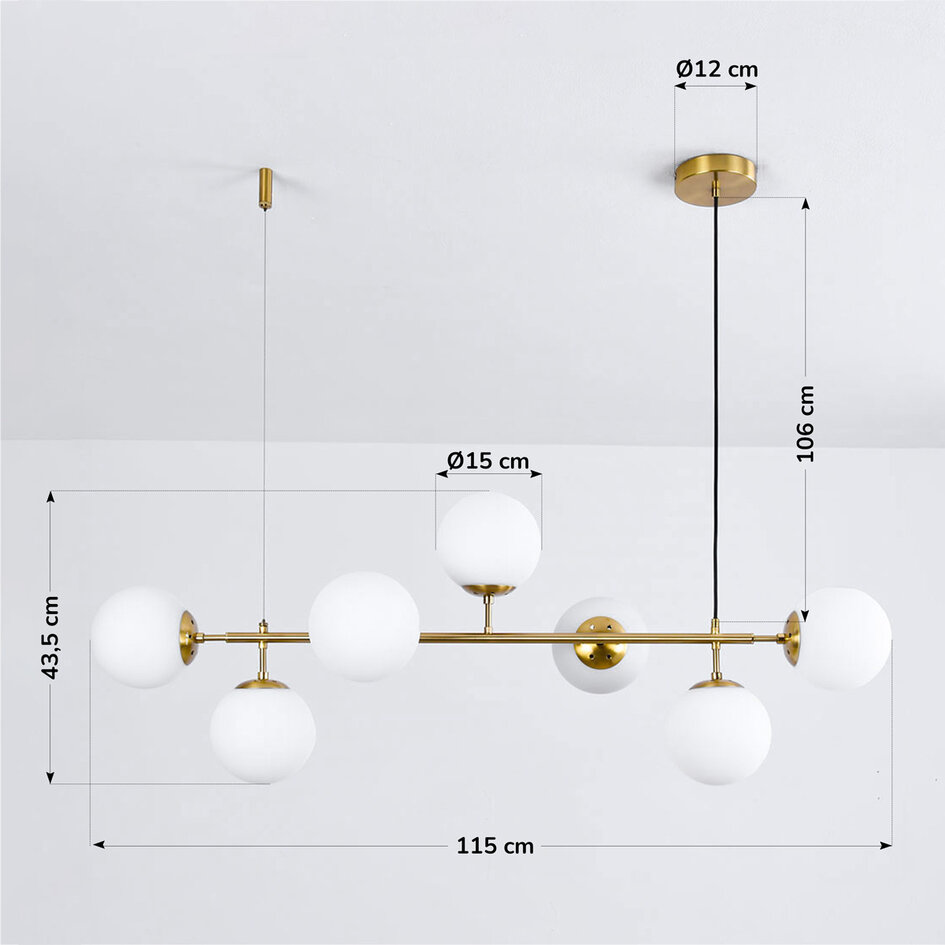 Designerska lampa wisząca Hepta z mlecznymi szklanymi kulami