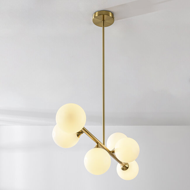 Designerska lampa sufitowa złota z mlecznobiałym szkłem, 6-światło - Aster