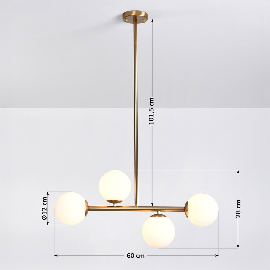 Designowa lampa sufitowa w kolorze złotym z mlecznobiałym szkłem, 4-światłowa  Asun