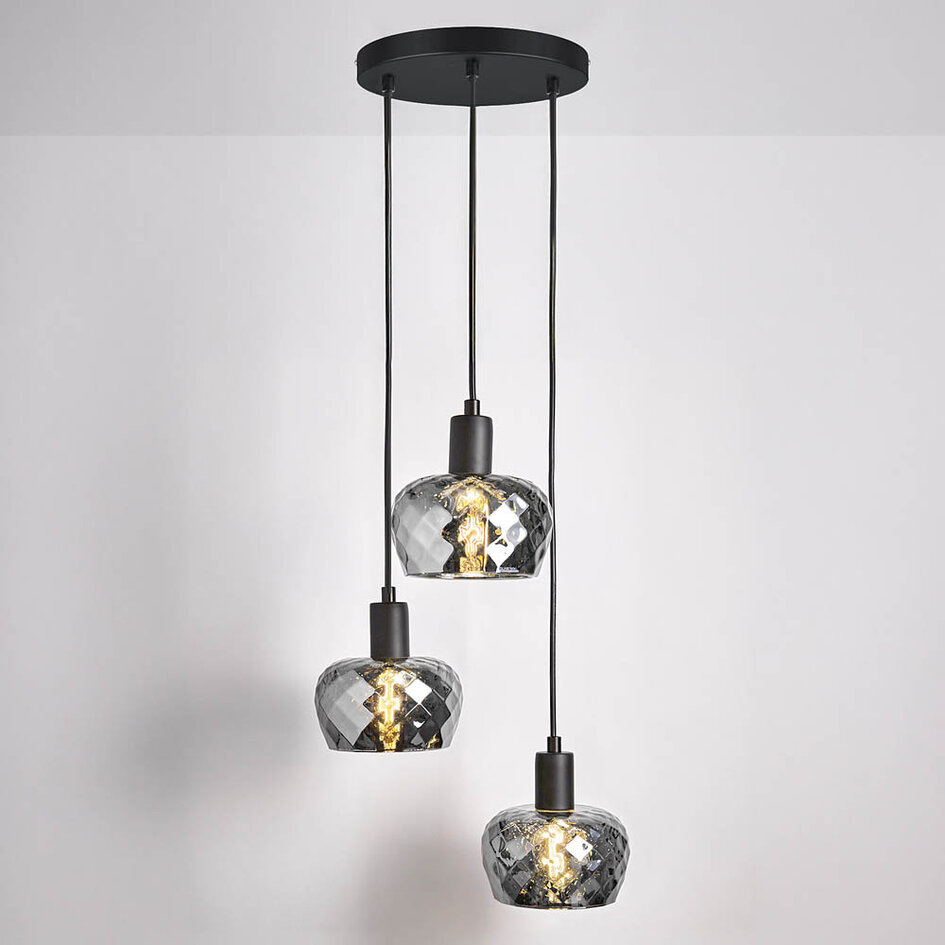 Czarny mat lampa wisząca z przydymionym szarym szkłem 3 światła - Reno