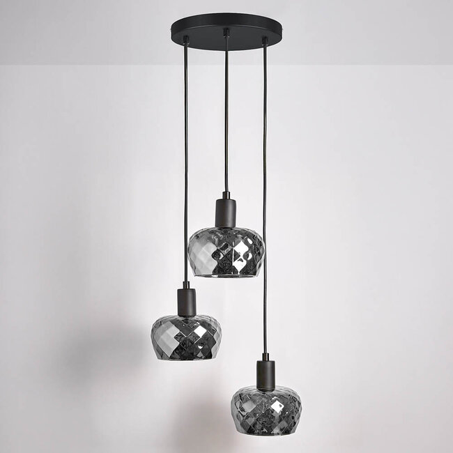 Czarny mat lampa wisząca z przydymionym szarym szkłem 3 światła - Reno