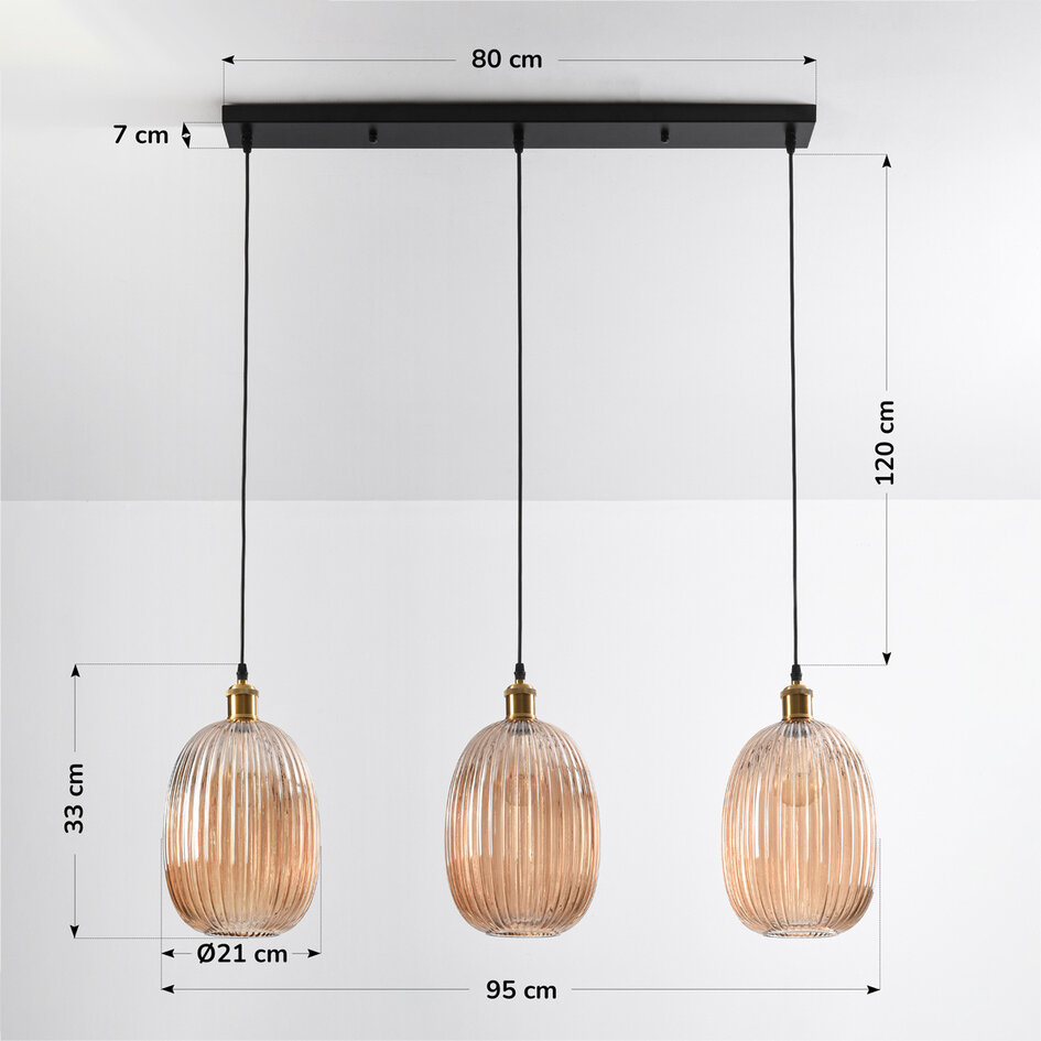 Lampa wisząca Erin z żebrowanego szkła bursztynowego, 3 światła