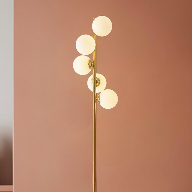 Design lampa podłogowa złota z mlecznobiałym szkłem 5 światła - Tyson
