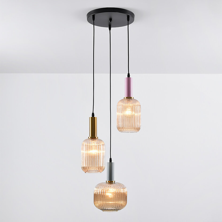 3 światła lampa wisząca ze szkłem ryflowanym - Amelia