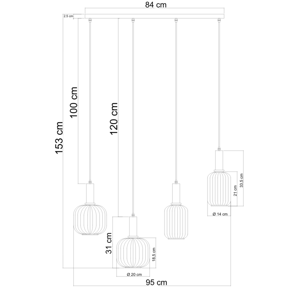 Lampa wisząca z czterema kolorami żebrowanego szkła - Aeneas