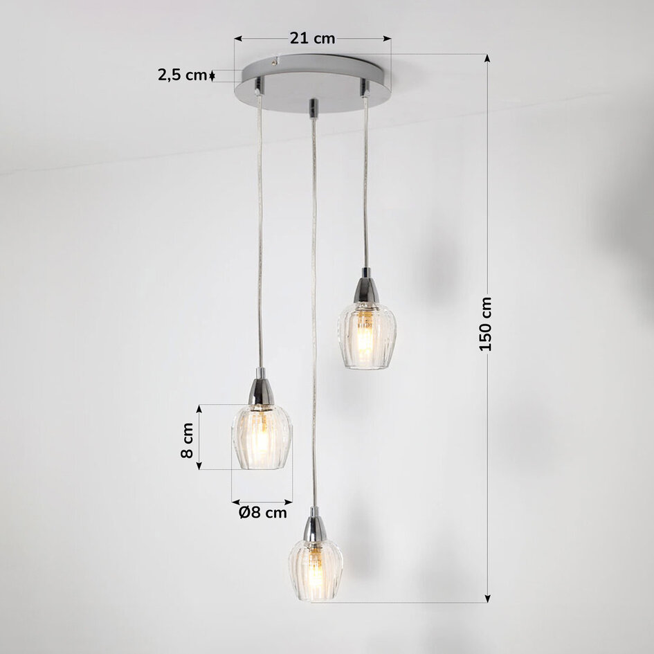 Chromowana lampa wisząca z przezroczystym szkłem, 3 światła - Virginia