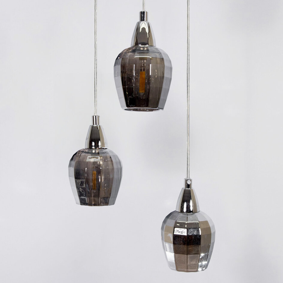 Industrialna chromowana lampa wisząca ze szkłem dymionym szarym, 3 światła - Veronica