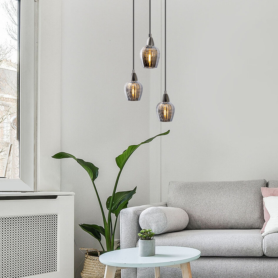 Industrialna chromowana lampa wisząca ze szkłem dymionym szarym, 3 światła - Veronica