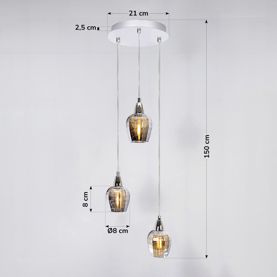 Industrialna chromowana lampa wisząca ze szkłem dymionym szarym, 3 światła - Veronica