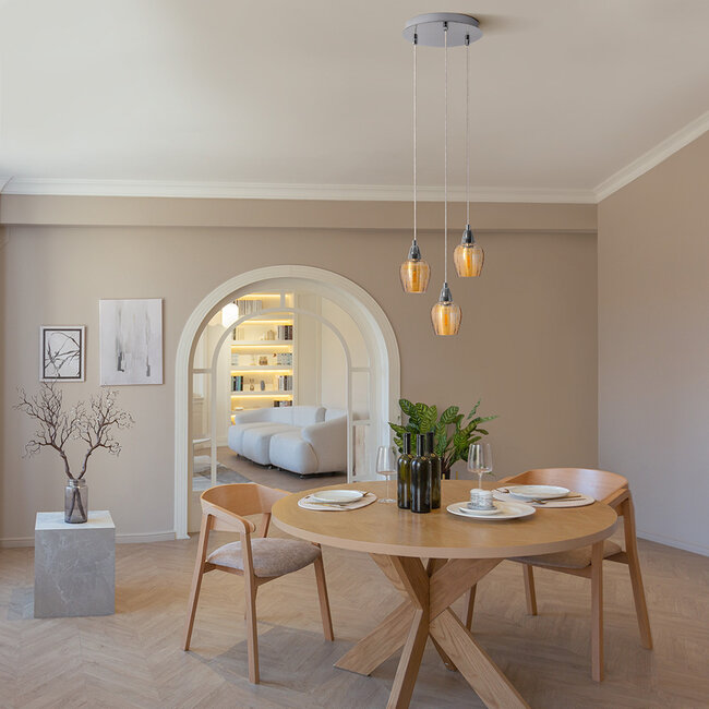 Chromowana lampa wisząca ze szkłem bursztynowym, 3 światła - Vanity