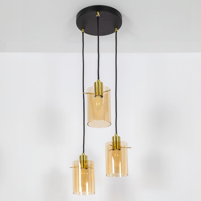 Nowoczesna czarna matowa z piaskowo-złotymi akcentami lampa wisząca ze szkłem bursztynowym 3 światła - Arlington