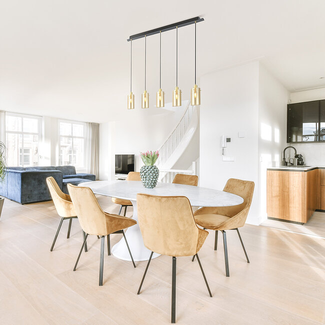 Nowoczesna lampa wisząca w kolorze czarnego matu i piaskowego złota ze szkłem bursztynowym 5 światła - Seattle