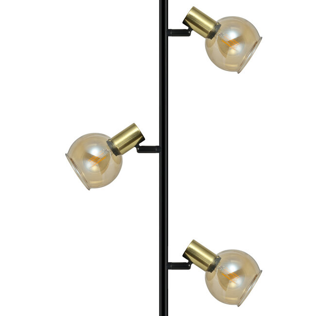 Nowoczesna lampa stojąca w kolorze czarnego matu z piaskowo-złotymi elementami i bursztynowym szkłem - 3 światła Fayette