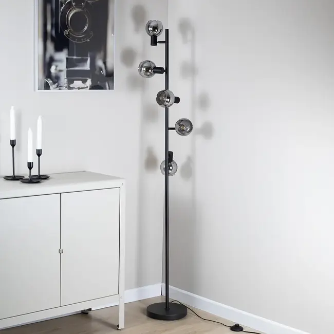 Industrialna lampa podłogowa w kolorze czarny mat ze szkłem przydymionym szarym i efektem lustra, 5 światła - Lexington