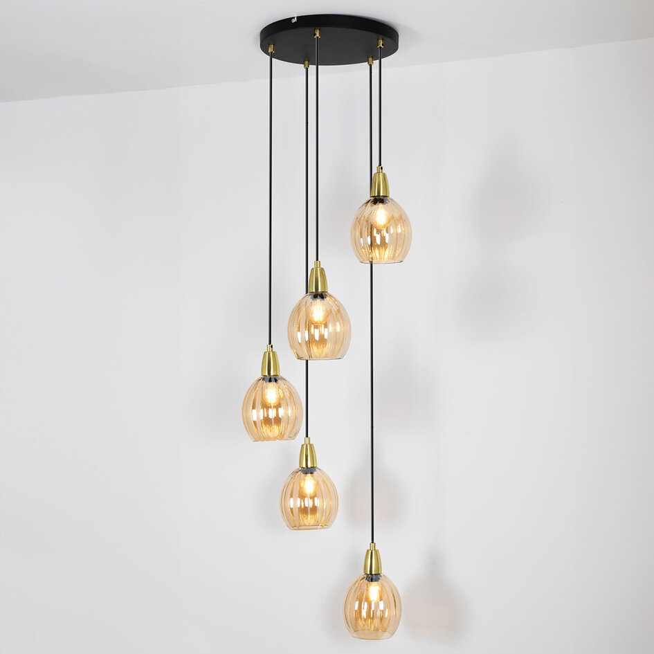 Designowa lampa wisząca w kolorze czarnego matu z piaskowo-złotymi elementami i bursztynowym szkłem, 5 światła - Baton