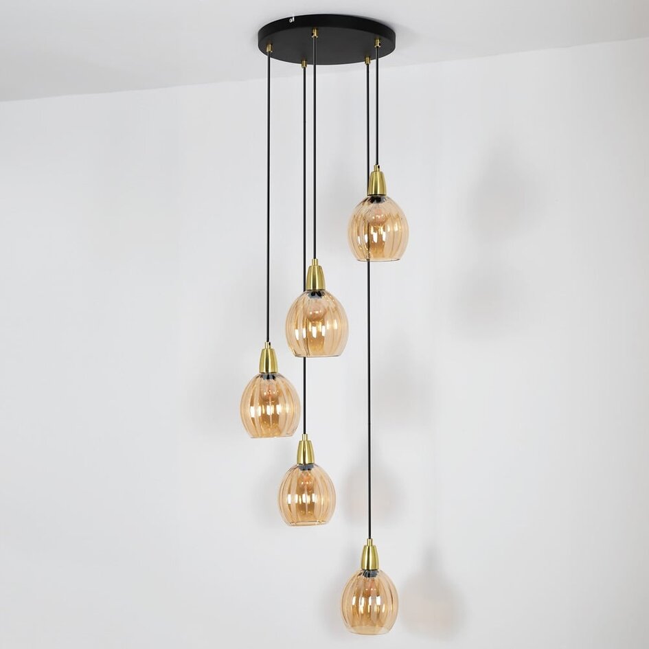 Designowa lampa wisząca w kolorze czarnego matu z piaskowo-złotymi elementami i bursztynowym szkłem, 5 światła - Baton