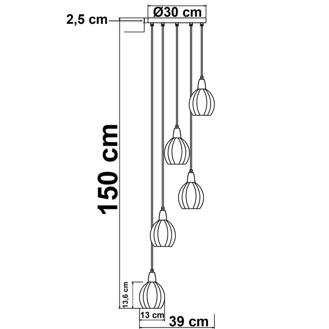 Designowa lampa wisząca w kolorze czarnego matu z piaskowo-złotymi elementami i bursztynowym szkłem, 5 światła - Baton