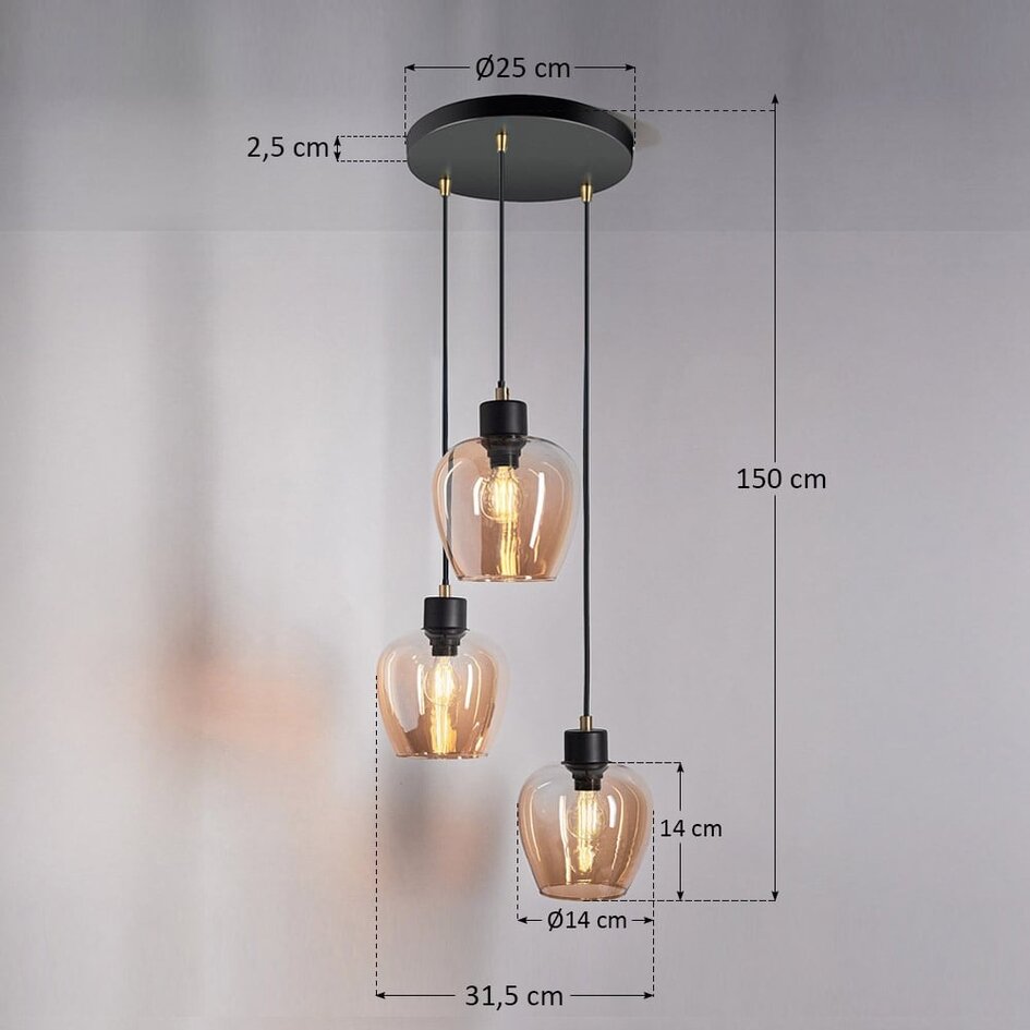 Design czarny mat i złocista lampa wisząca ze szkłem bursztynowym 3 światła - Stockton
