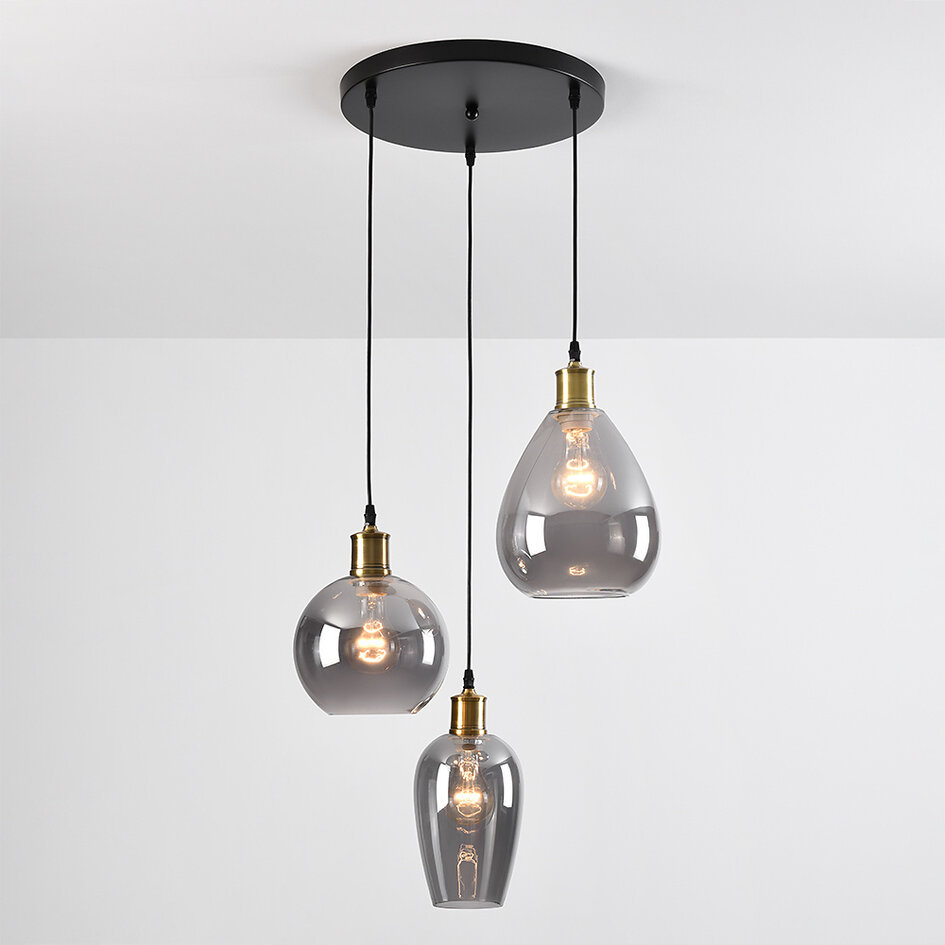 Czarna lampa wisząca z gładkiego przydymionego szkła 3 światła - Verona