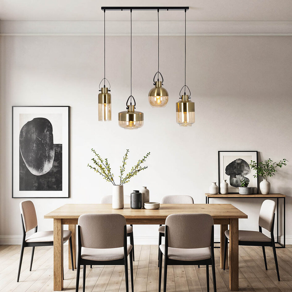Lampa wisząca 4 światła z brązowymi detalami i szkłem bursztynowym - Laure