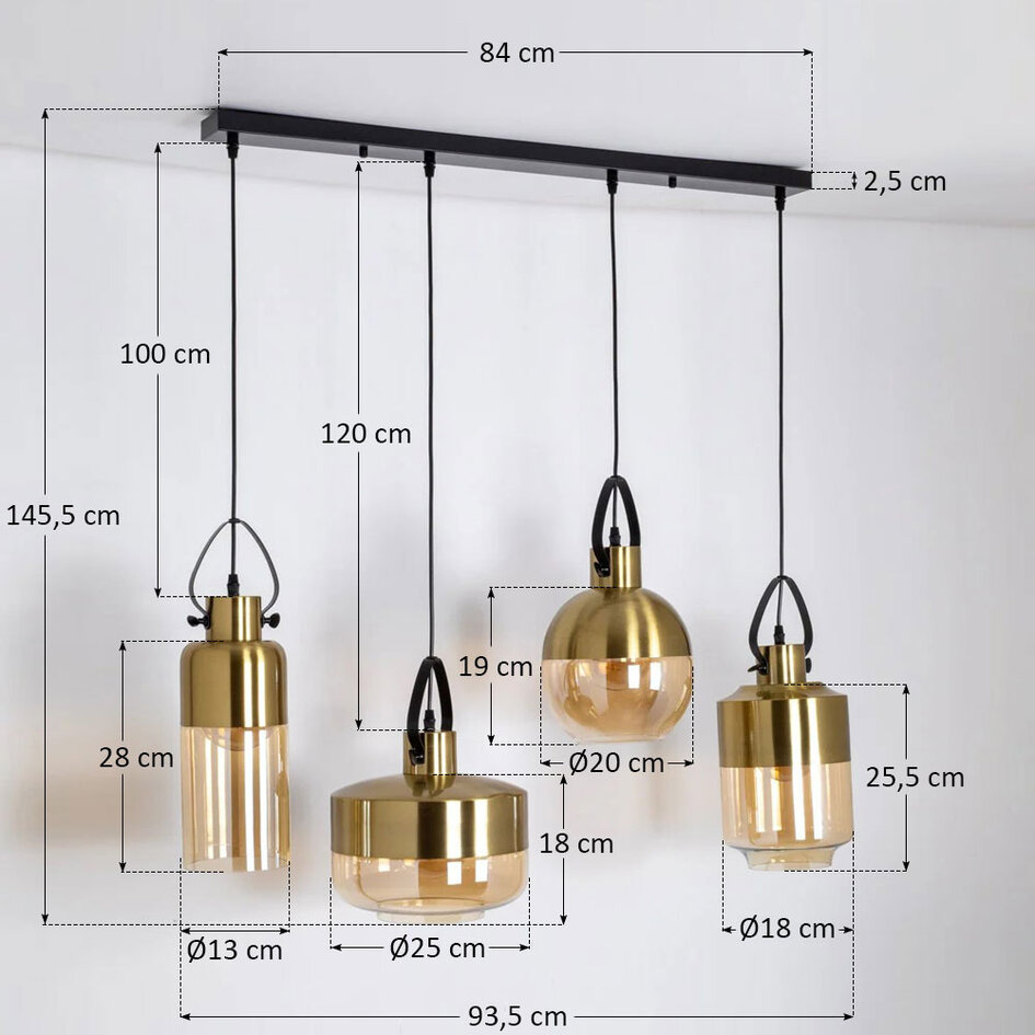 Lampa wisząca 4 światła z brązowymi detalami i szkłem bursztynowym - Laure