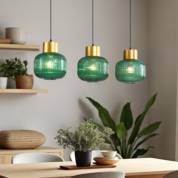 Lampa wisząca 3 światła z zielonym szkłem - Inya