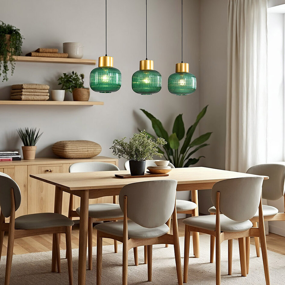 Lampa wisząca 3 światła z zielonym szkłem - Inya