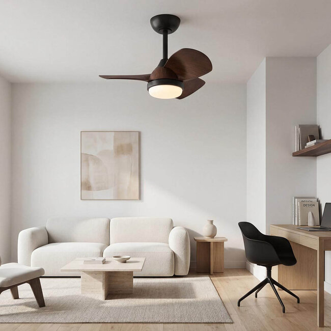 Kompaktowy wentylator sufitowy Vietor z LED i pilotem – czarny z ciemnobrązowym