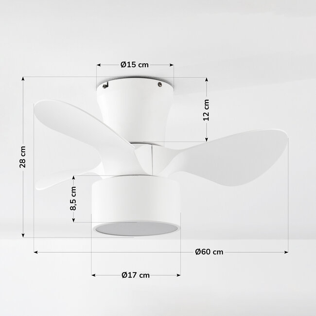 Kompaktowy biały wentylator sufitowy z oświetleniem LED i pilotem - Vejas