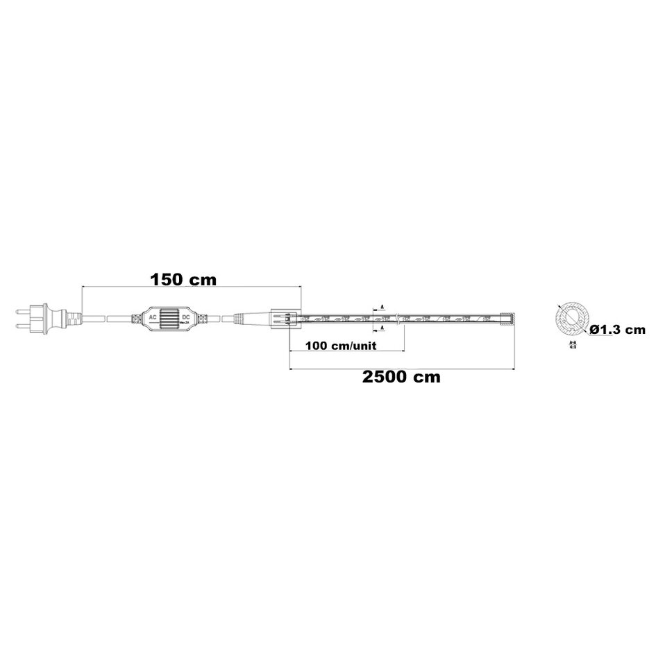 Wąż świetlny okrągły 13 mm | 25 metrów z 750 diodami LED | 2700K