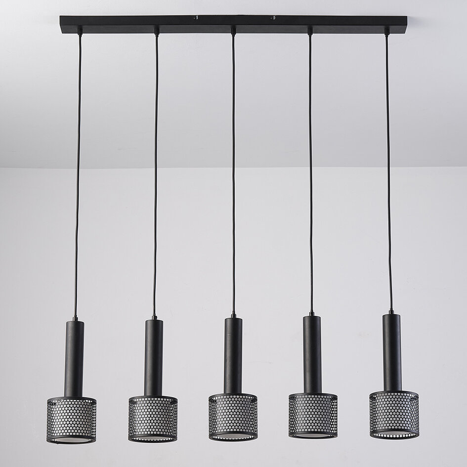 Czarne industrialne lampy wiszące, 5 światła - Fosco