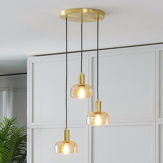 Złota lampa wisząca z bursztynowym szkłem, 3 światła - Marrom