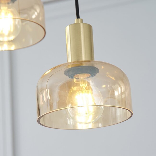 Złota lampa wisząca z bursztynowym szkłem, 3 światła - Marrom