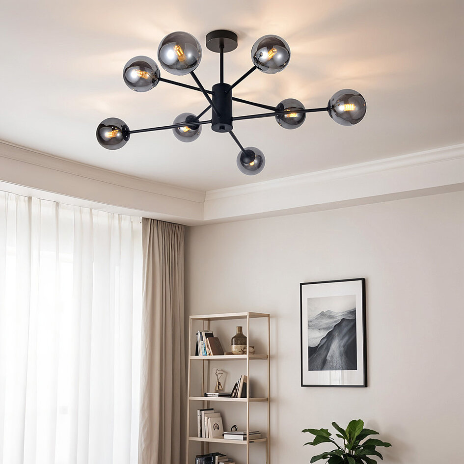 Design czarna lampa sufitowa ze szkłem dymionym - 8-światło Idaho