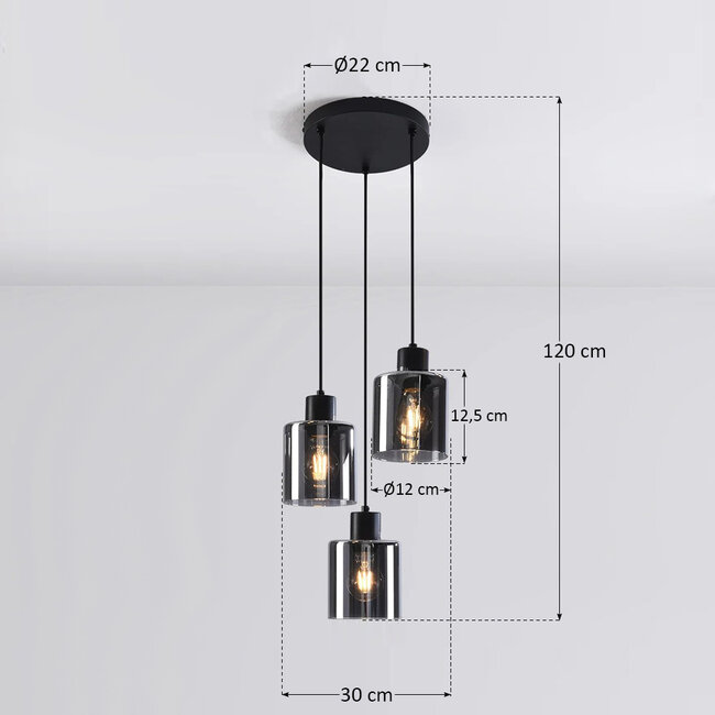 Design lampa wisząca Pella, 3 światła - przydymione szkło
