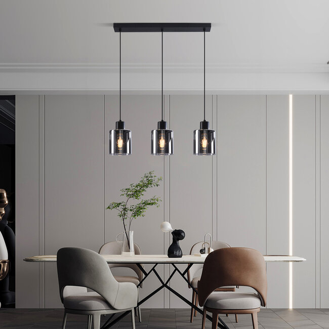 Czarna lampa wisząca Palaio ze szkłem dymionym, 3 światła