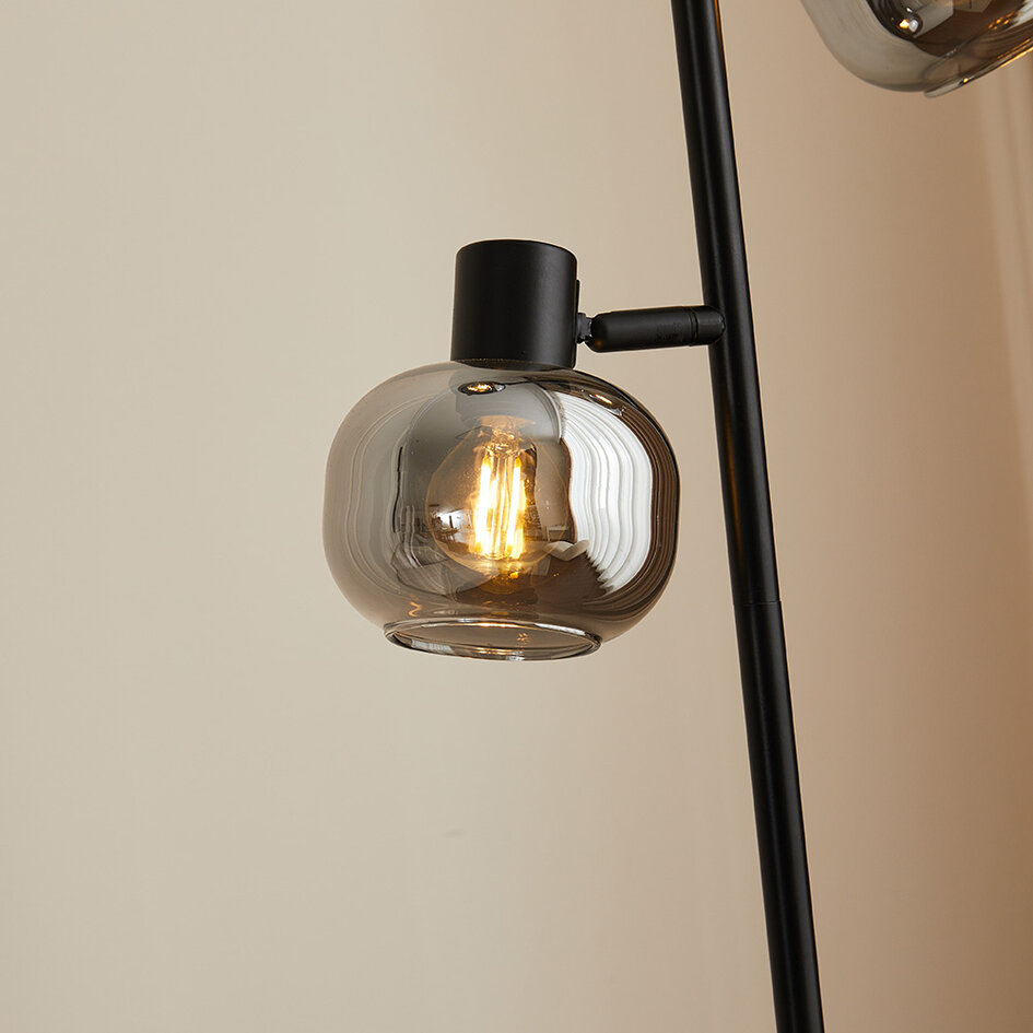 Czarne lampa podłogowa ze szkłem dymionym szarym i efektem lustra, 3 światła - Jesse