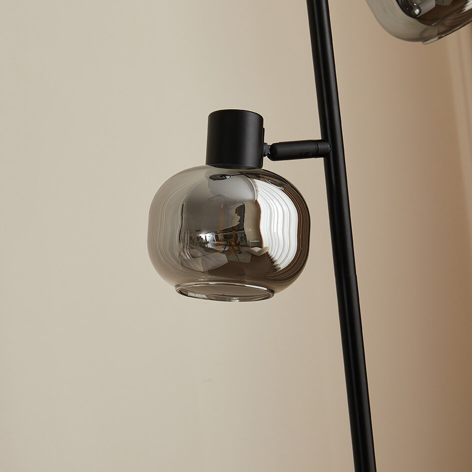 Czarne lampa podłogowa ze szkłem dymionym szarym i efektem lustra, 3 światła - Jesse