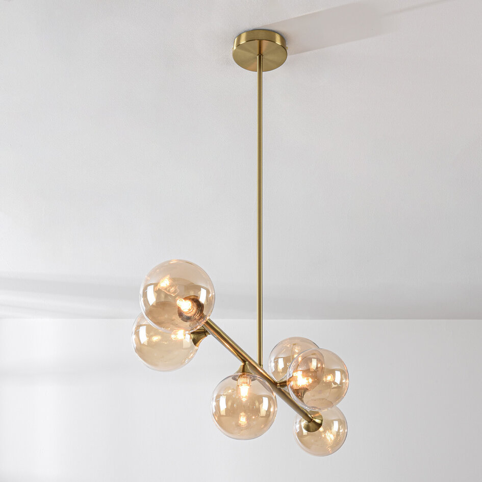 Lampa wisząca Aster – złoty ze szkłem bursztynowym