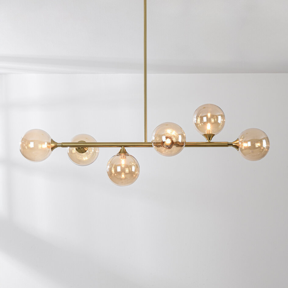 Lampa wisząca Aster – złoty ze szkłem bursztynowym