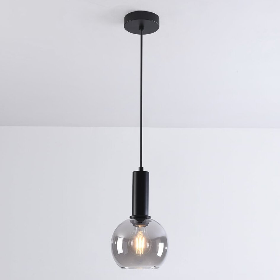 Lampa wisząca Inara – dymione szkło i czerń, okrągły klosz