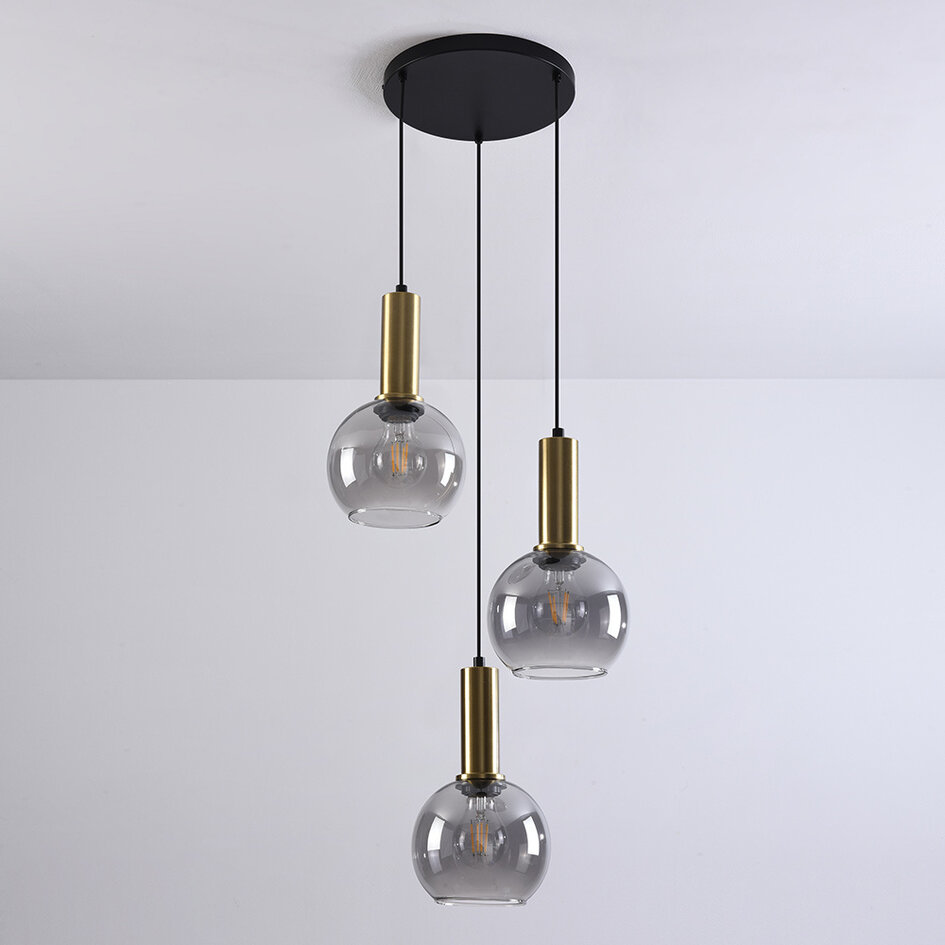 Lampa wisząca Imme z przydymionym szkłem, 3 światła - złoty