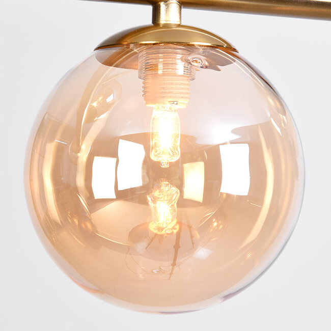 Lampa wisząca Asun ze złocistą ramą i bursztynowymi szklanymi kulami