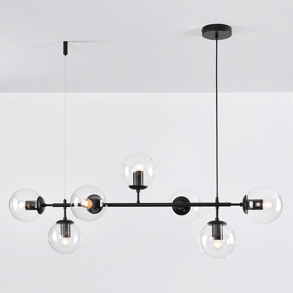 Designerska lampa wisząca Hepta, czarna rama, przezroczyste szkło