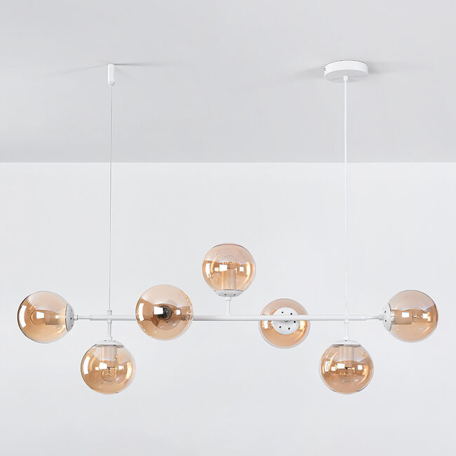 Design lampa wisząca z białą ramą i szklanymi kulami w kolorze bursztynu - Hepta
