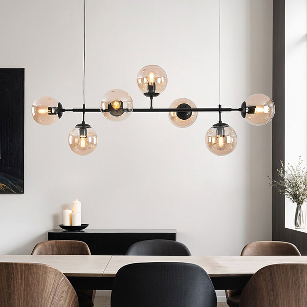 Design lampa wisząca z czarną ramą i szklanymi kulami w kolorze bursztynu - Hepta