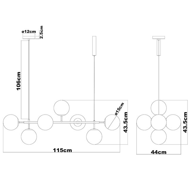 Design lampa wisząca z czarną ramą i szklanymi kulami w kolorze bursztynu - Hepta
