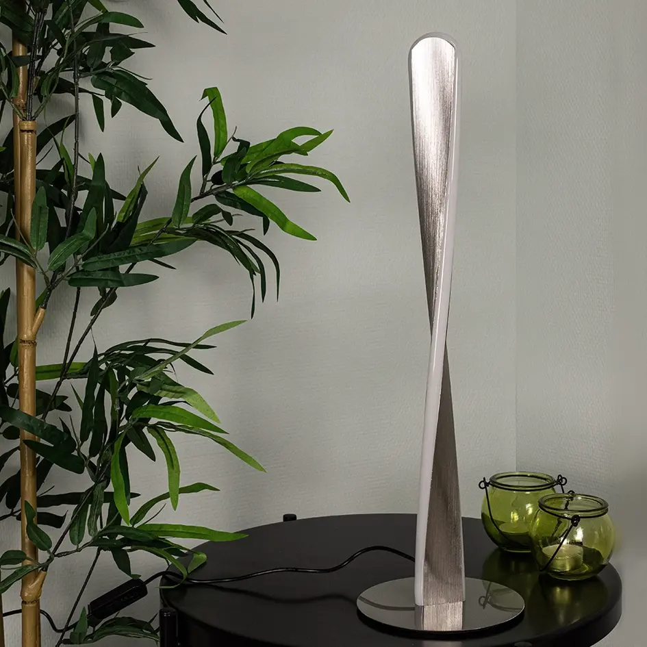 Skręcona designerska lampka stołowa Rizar - nikiel satynowy